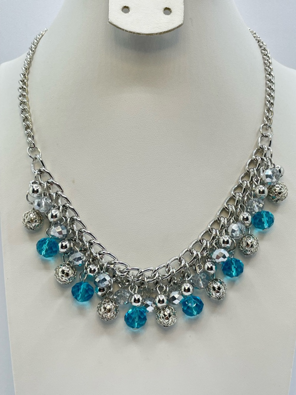 Silver Tone Blue Crystal Beaded Fringe Necklace Statement Chunky